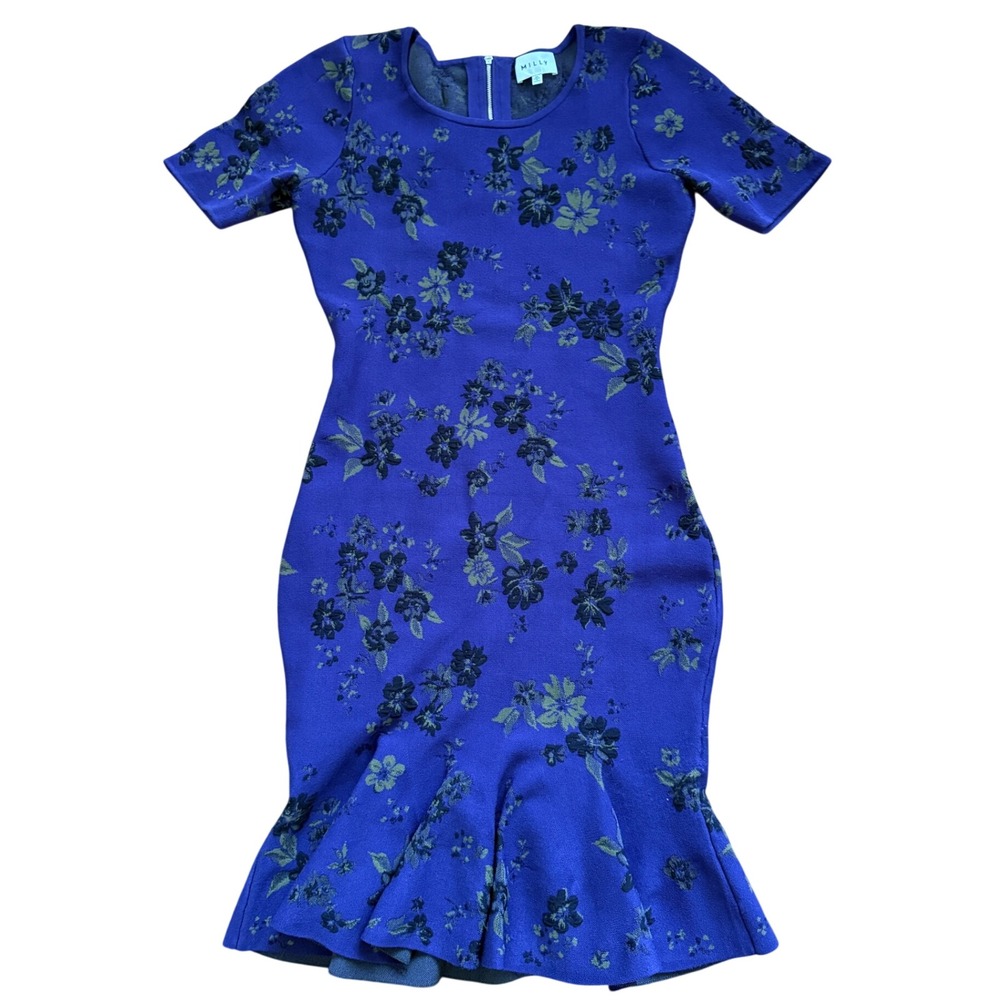 Milly Blue Floral Jacquard Knit Flounce Hem Sheath Dress Exposed Zip
